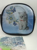 Diamond painting - handtasje om zelf nog te painten - poes - kat met bloemen