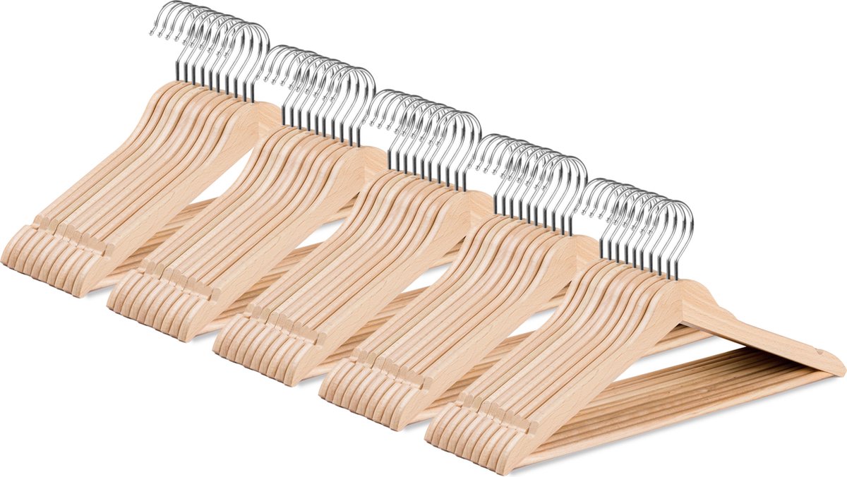 Wicotex-Kledinghanger – SET 50 stuks - houten-kleerhanger, met rok inkepingen en broekspijpen, draaibare haak, Dames en heren kleding - HOUT