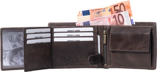 Open bruine portemonnee met foto's, creditcards, eurobiljetten, portemonneevakje en een muntvakje.
