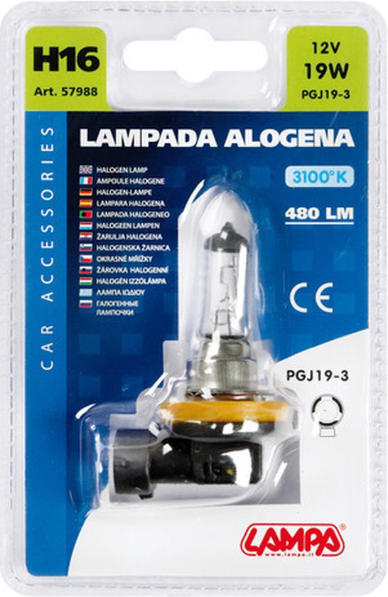 H16 12V 19W halogeenlamp in verpakking met merknaam 'Lampa'.
