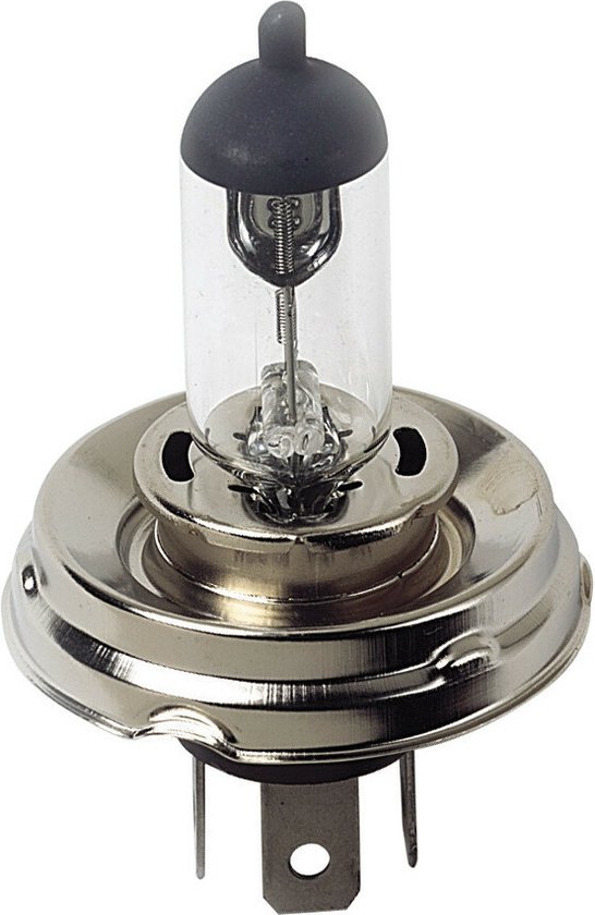 H5 halogeenlamp met glazen bol, metalen voet en drie metalen pinnen.