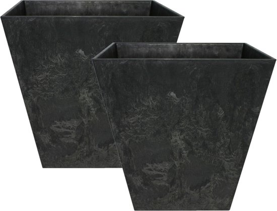 Ter Steege Bloempot/plantenpot - Set van 2x stuks - vierkant - gerecycled kunststof - zwart - D25 en H25 cm
