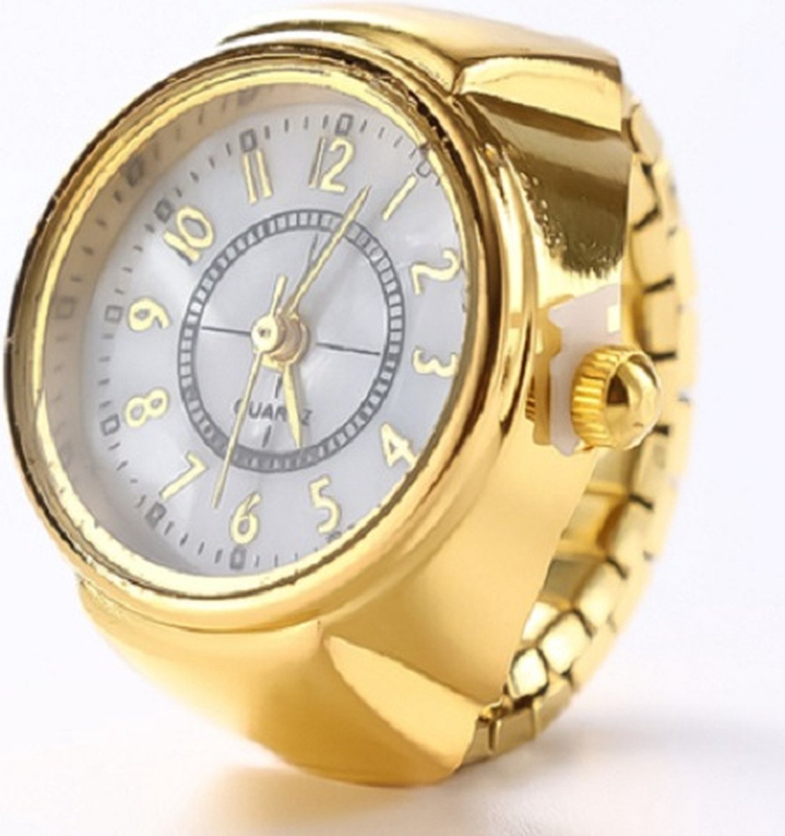 Ring horloge rekbaar goudkleurig - wit - 2 cm dial - one size
