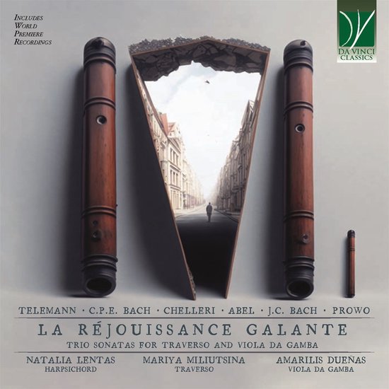 Albumhoes met titel 'La Réjouissance Galante', met drie blokfluiten, een geopend instrument met een stadsbeeld van binnenuit, en tekst.