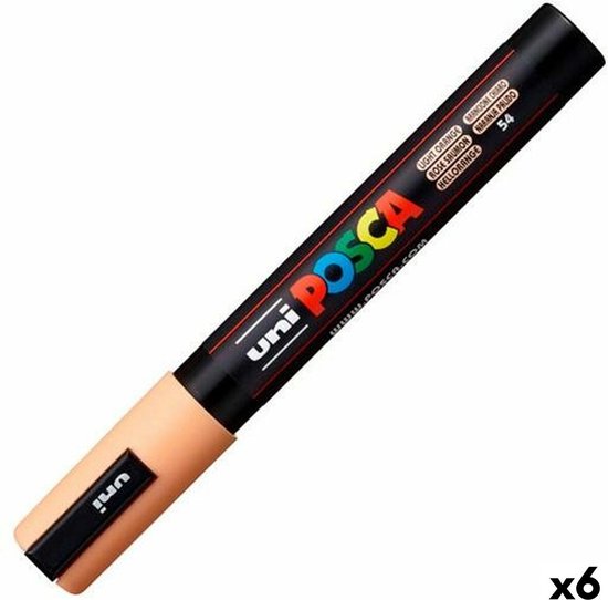 Uni Posca stif, model PC-5M, zalmroze. Zwarte stift met zalmroze dop. Tekst op stift: 'LIGHT ORANGE, ROUGE SAUMON, HELLO ORANGE'.
