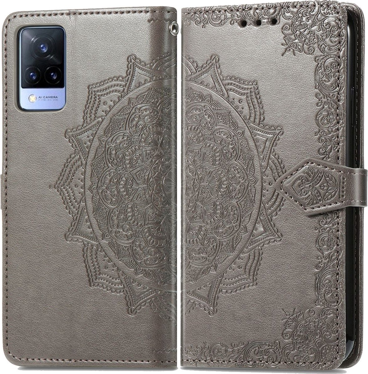 Mobigear Telefoonhoesje geschikt voor Vivo V21 Hoesje | Mobigear Mandala Bookcase Portemonnee | Pasjeshouder voor 3 Pasjes | Telefoonhoesje voor Pinpas / OV Kaart / Rijbewijs - Grijs