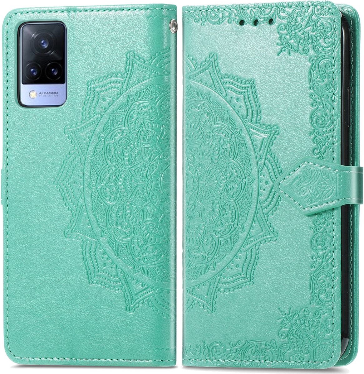 Mobigear Telefoonhoesje geschikt voor Vivo V21 Hoesje | Mobigear Mandala Bookcase Portemonnee | Pasjeshouder voor 3 Pasjes | Telefoonhoesje voor Pinpas / OV Kaart / Rijbewijs - Groen