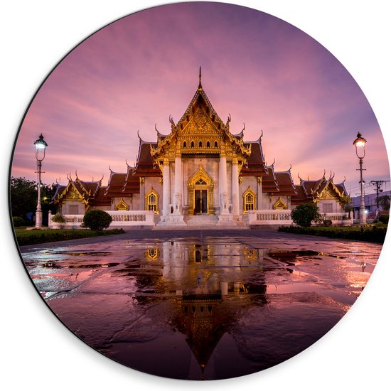 Dibond Muurcirkel - Boeddhistische Wat Benchamabophit Tempel met Gouden Details in Bangkok, Thailand - 30x30 cm Foto op Aluminium Muurcirkel (met ophangsysteem)