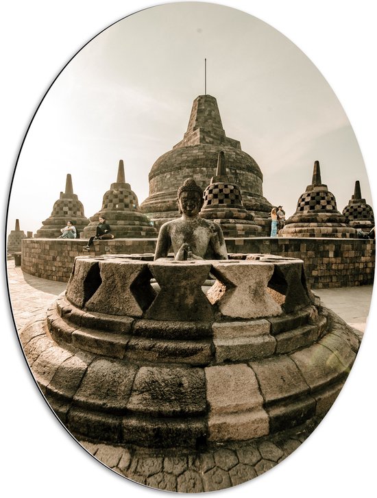 Dibond Ovaal - Beelden bij Borobudur Tempel in IndonesiË - 60x80 cm Foto op Ovaal (Met Ophangsysteem)