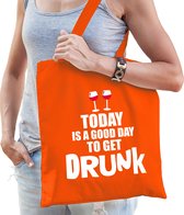 Good day to get drunk wijn katoenen tas/shopper oranje voor dames en heren - Nederland supporter - Koningsdag/ EK/ WK voetbal
