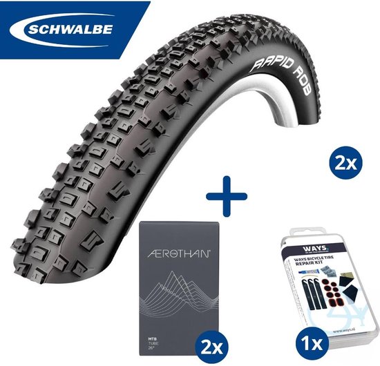 Fietsband - Schwalbe - Buiten- & binnenbanden (2x2 stuks) - Rapid Rob K-Guard & SV13E - 26 inch x 2.10 - 2.40 - 40 mm - Met plaksetje