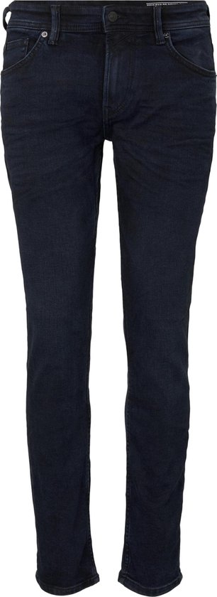 Donkerblauwe slim fit jeans met voorzakken en riemlussen.
