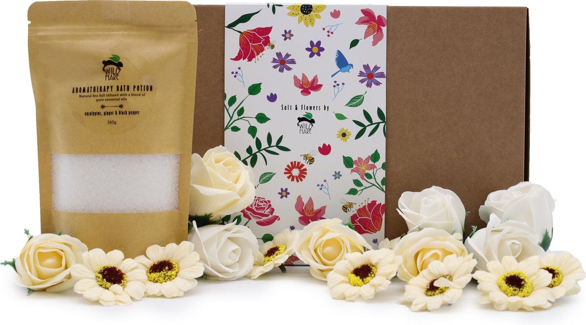 Badzout & Zeep Bloemen Set - Badzout Eucalyptus, Gember & Zwarte Peper 350 Gram - 16 Zeep Bloemen - Badproducten Cadeauset - Geschenkset