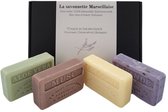 Savon de Marseille cadeau zeep set Aloë vera, Musc, Cologne, Lavendel scrub 4x125 gr.