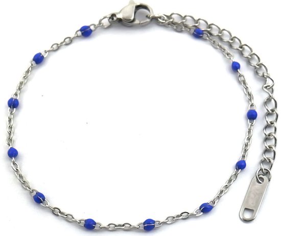 Bracelet Femme - Perles - Acier Inoxydable - Longueur 16-19 cm - Argent et Blauw