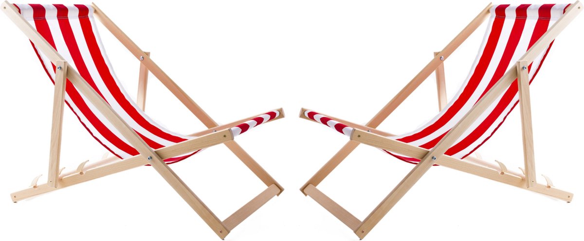 WOODOK - Set van 2 beukenhouten ligstoelen - kleur rood met witte strepen