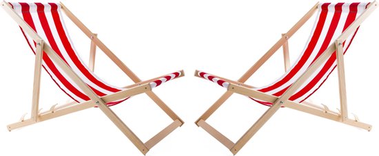 Set van 2 beukenhouten ligstoelen - kleur rood met witte strepen