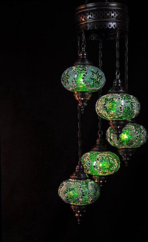 Turkse Lamp Hanglamp Mozaïek Marokkaanse Oosters Handgemaakt Kroonluchter Groen 5 bollen