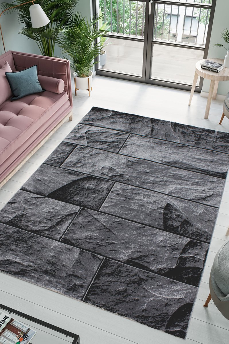 flycarpets Jaden Modern Vloerkleed Muur - Zwart / Grijs - 200x290 cm - Laagpolig Tapijt Woonkamer