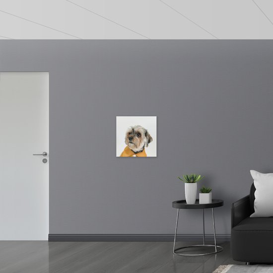 PVC Schuimplaat- Hond in Net Geel Overhemd - 50x50 cm Foto op PVC Schuimplaat