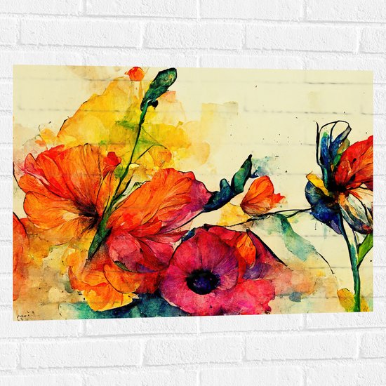 Muursticker - Abstracte Bloemen in Verschillende Kleuren van Waterverf - 80x60 cm Foto op Muursticker