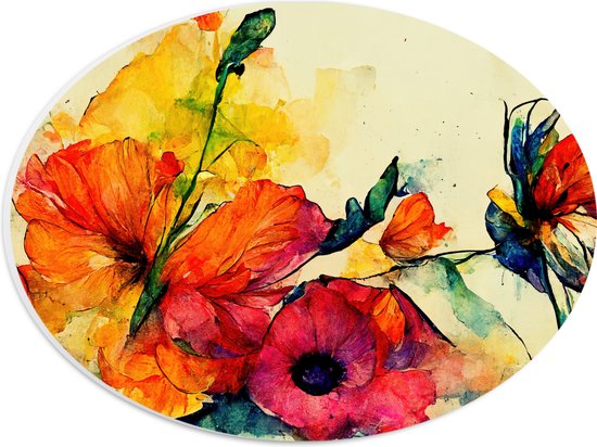 PVC Schuimplaat Ovaal - Abstracte Bloemen in Verschillende Kleuren van Waterverf - 28x21 cm Foto op Ovaal (Met Ophangsysteem)