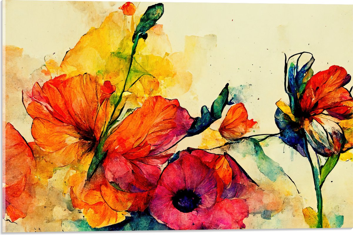 Acrylglas - Abstracte Bloemen in Verschillende Kleuren van Waterverf - 60x40 cm Foto op Acrylglas (Met Ophangsysteem)