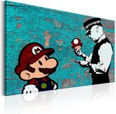 Schilderij - Mario en Politieagent op hout , Banksy , houtlook