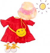 Vêtements de poupée Götz combi robe rouge, chapeau de soleil, baskets et sac à bandoulière pour poupée de 45-50cm