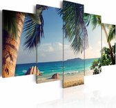 Schilderij - Onder de Palmbomen, 5luik , blauw groen , wanddecoratie , premium print op canvas