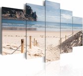 Schilderij - Wandeling langs de Zee, 5luik , beige blauw , wanddecoratie , premium print op canvas