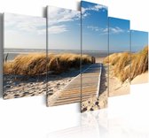 Schilderij - Noordzee, 5luik , beige blauw , wanddecoratie , premium print op canvas