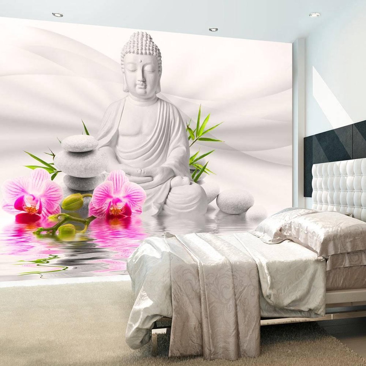 350cm X 245cm - Fotobehang - Boeddha en Orchidee | bol.com