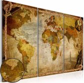 Schilderij - Wereldkaart - Wereld in Touwen, 3luik , beige bruin , wanddecoratie , premium print op canvas