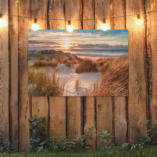 Affiche jardin - Toile Posters de jardin extérieur - Dune - Plantes - Coucher de soleil - Plage - Mer - 120x80 cm - Jardin