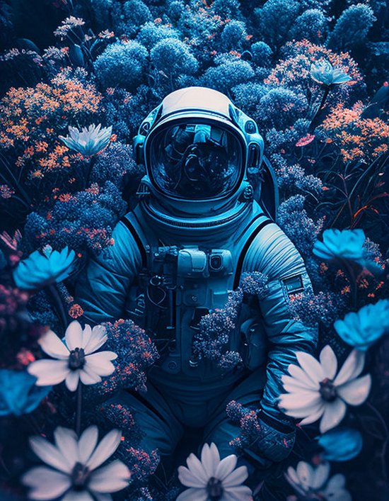 AI - Woondecoratie - Poster - Astronaut - bloemen - 08 - 30 x 40 cm