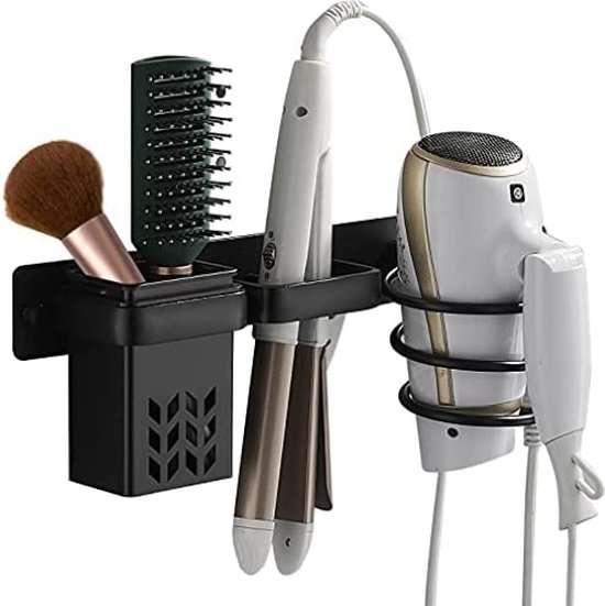 Porte Sèche Cheveux avec Range-Câbles et Rangement Support de Lisseur Noir  pour Hôtel Chambre Salle de Bain