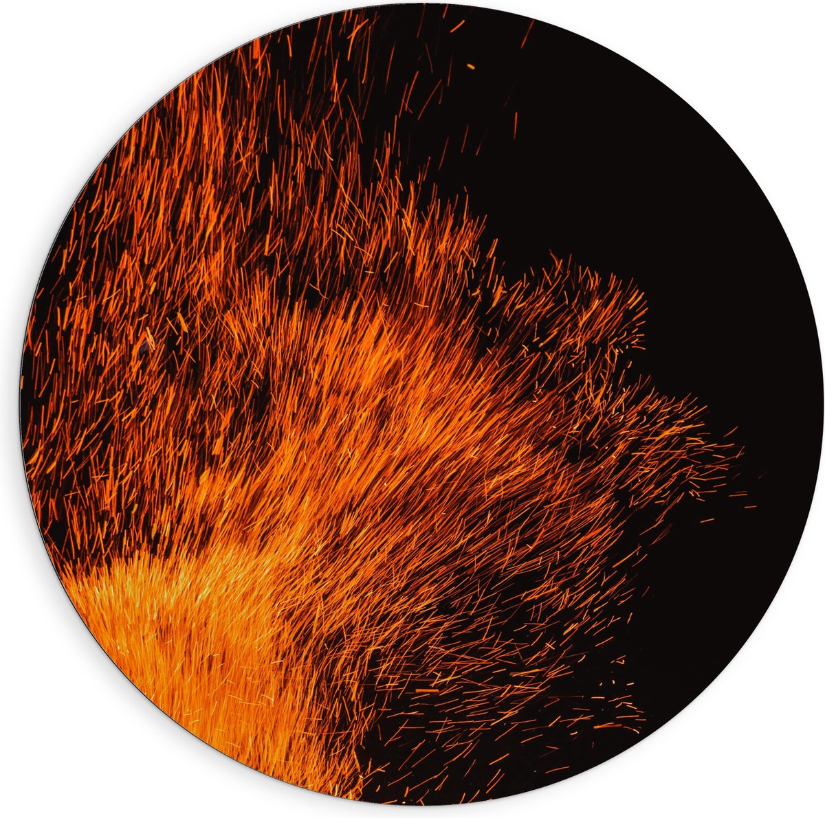 Dibond Muurcirkel - Oranje Spetters van Vuurkorf - 90x90 cm Foto op Aluminium Muurcirkel (