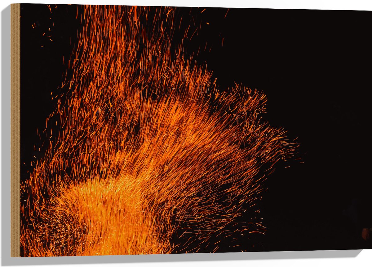 Hout - Oranje Spetters van Vuurkorf - 75x50 cm - 9 mm dik - Foto op Hout (Met Ophangsystee