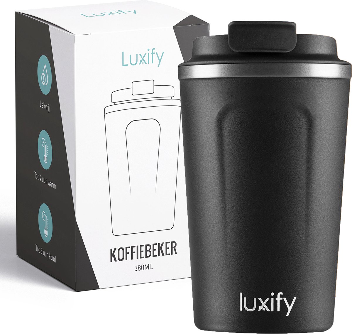 Luxify Premium RVS Koffiebeker To Go - Thermosbeker - Koffiemok - 380ML - Zwart