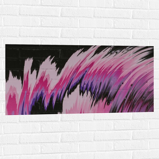 Muursticker - Paarse en Roze Golvende Strepen op Zwarte Achtergrond - 100x50 cm Foto op Muursticker