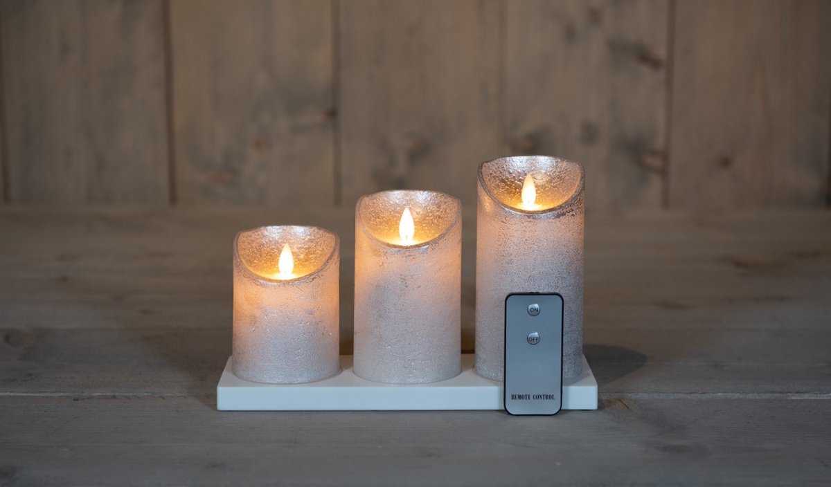3St Oplaadbare Kaars Wax Zilver Rustiek Bewegende Vlam 7,5X10/12,5/...