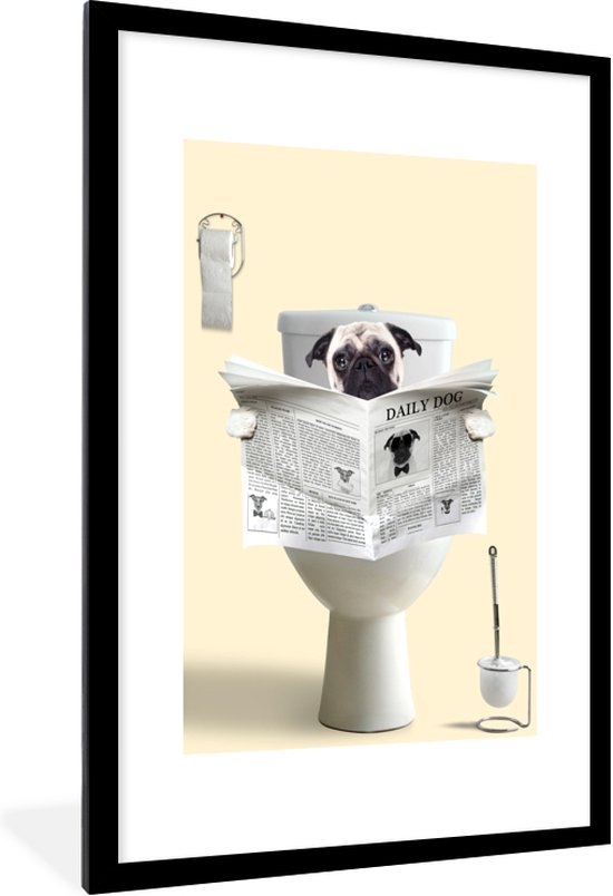 Fotolijst - Poster in lijst - Hond - Pug - Toilet - Krant - Dier - 60x90 cm - Poster frame - Wanddecoratie