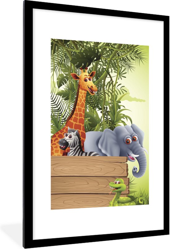 Fotolijst incl. Poster - Jungle dieren - Natuur - Planken - Kinderen - Giraffe - 60x90 cm - Posterlijst