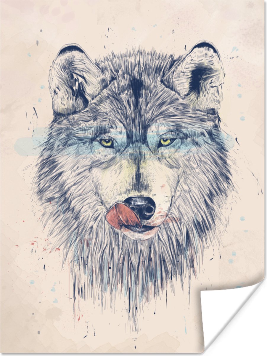 Poster Wolf - Dieren - Portret - Tong - 60x80 cm