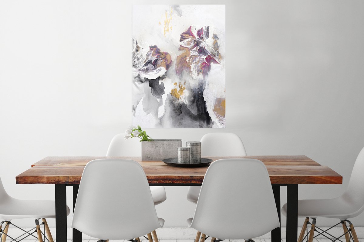 Poster Verf - Kleuren - Wit - Abstract- Goud - 60x80 cm