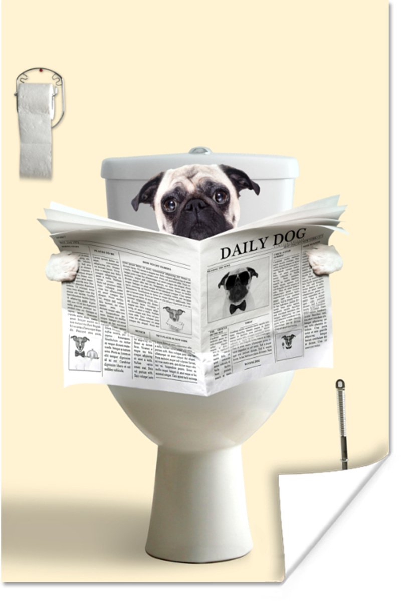 Poster hond - Muurdecoratie - Hond - Pug - Toilet - Krant - Dier - 120x180 cm - Fotoposter