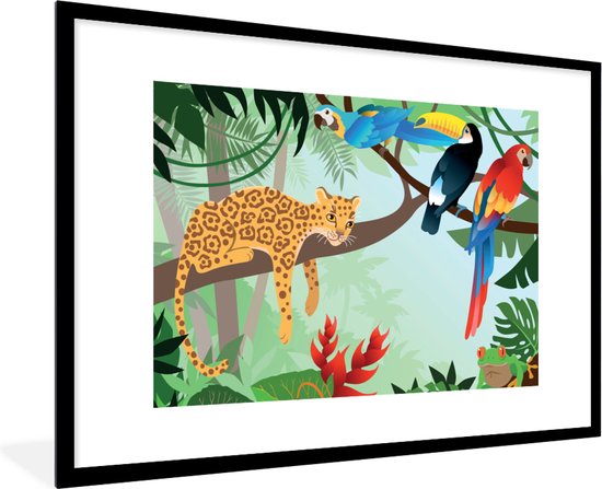Fotolijst incl. Poster - Jungle dieren - Toekan - Jongens - Meiden - Luipaard - 120x80 cm - Posterlijst