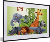Fotolijst incl. Poster - Jungle dieren - Planten - Kinderen - Olifant - Giraf - Leeuw - 60x40 cm - Posterlijst