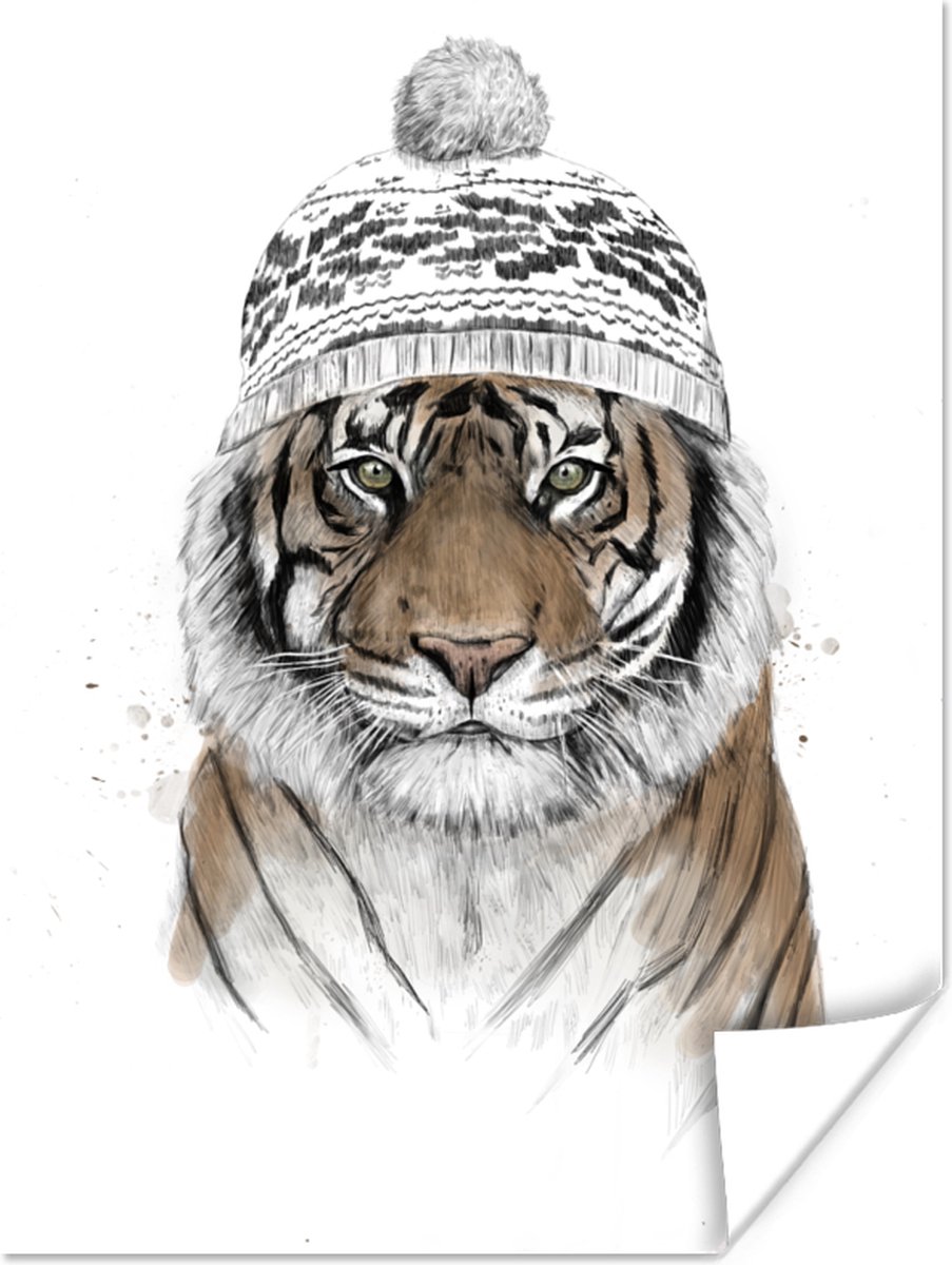 Poster Tijger - Muts - Winter - Wit - 90x120 cm